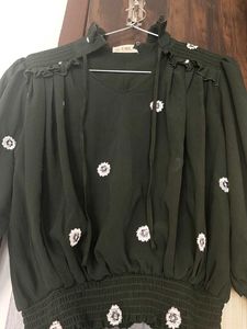 Green Floral Embroidered Smocked Blouse