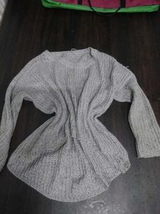 Grunge Grey Crochet Off Shoulder Sweater