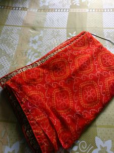 Red &amp; Orange Bandhani Saree