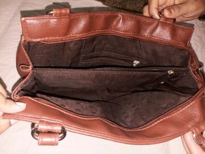 Brown Faux Leather Handbag, Medium Size, With Multiple Pockets
