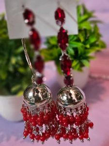 Red Silver Jhumka Earrings