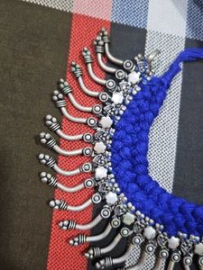 Blue Threaded Silver Tone Necklace