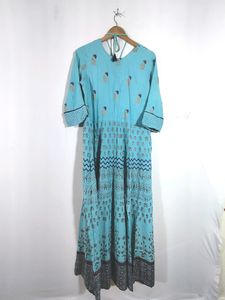 Long Printed Kurta Cyan Color
