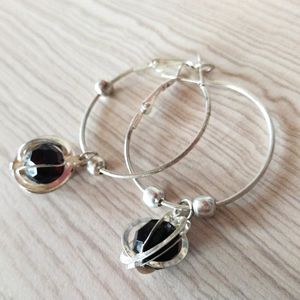 Silver Hoop With Black Stone Earrings