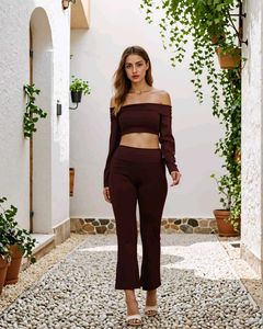 Off Shoulder Full Sleeve Crop Top with Pants Set