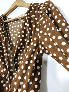 MNG women dark brown and white dot dress
