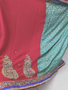 Teal And Red Embellished Saree
