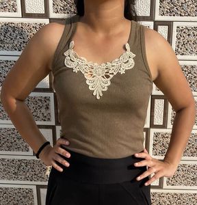 Ribbed Tank Top with Lace Detail