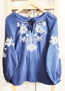Blue Embroidered Peasant Blouse Size-44