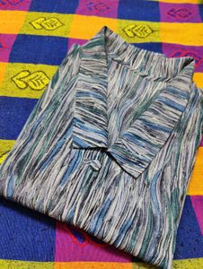 Abstract Blue Green Wavy Stripe Collared Shirt