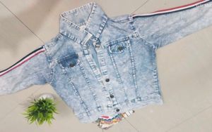 Acid Wash Denim Jacket with Striped Sleeves
