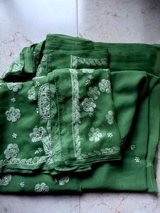 Unused Leaf Green Lukhnowi Work saree