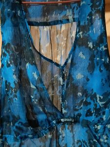 Blue Floral Print Sheer Cover-Up