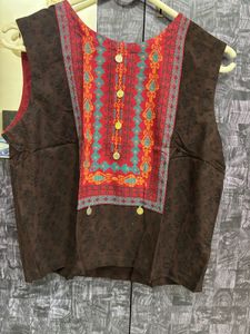 Brown Sleeveless Top with Embroidery M Size