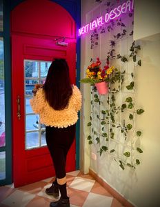 pink knit jacket with H&amp;M bodycon dress