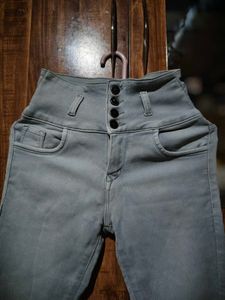 Gray High-Waisted Button Jeans