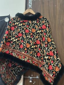 Floral Embroidered Shawl with Faux Fur