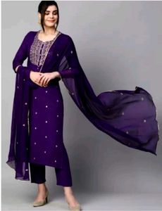 Purple Embroidered Kurta Set With Dupatta