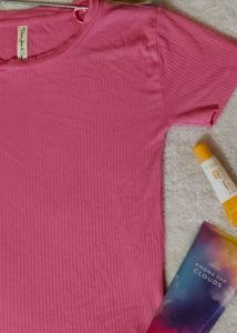 Cute Pink Ribbed Body Hugging Cropped Tee