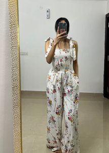 Floral White Cotton High-waisted Jumpsuit