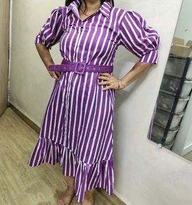 Ankle Length Puff Sleeves Dress With Belt
