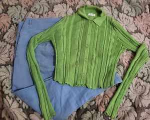Green Knit Button-Down Top & jeans