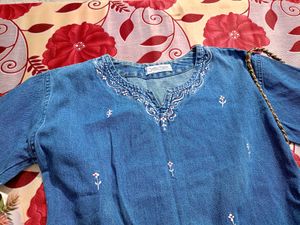 Embroidered Denim Short Kurti