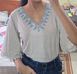 Embroidered V-Neck Top