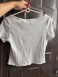 White Ribbed Button-Up Top
