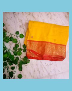 Bengali Yellow Cotton Saree With Red Border with Plain Readymade Blouse