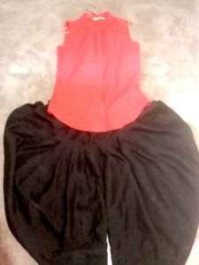Coral Sleeveless Top And Black Dhoti  Combo