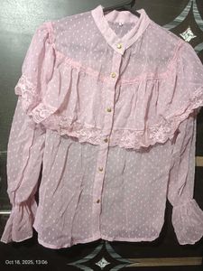 Pink sheer ruffle lace detail top 🩷