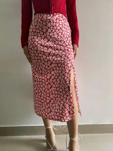 Red A Line Slit Skirt