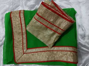 Green Soft Chiffon Saree with Red &amp; Gold Border