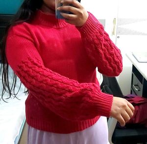 Jealous 21 Red Sweater Top With Patterns On Sleave