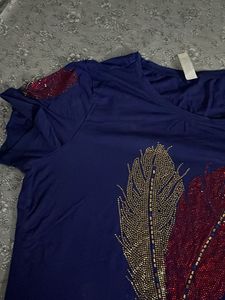 Navy Blue Feather Embellished Tee