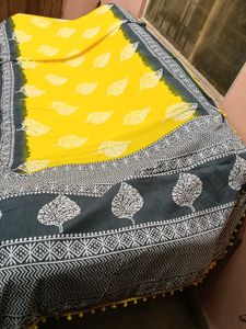 New Yellow&amp;Gray BlockPrint MulmulCotton Saree+Blou