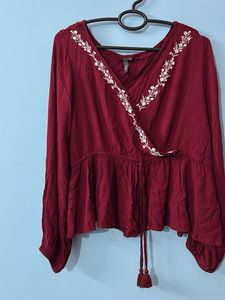 Maroon Embroidered Peplum Top