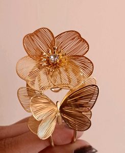 Gold Flower &amp; Butterfly Cuff Bracelet