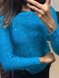 Sparkling sequins Blue fine Knit Sweater