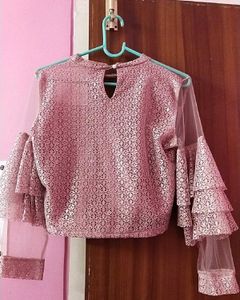 Elegant Pink Lace Bell Sleeve Top