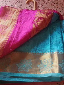 Blue And Pink Saree With Gold Border
