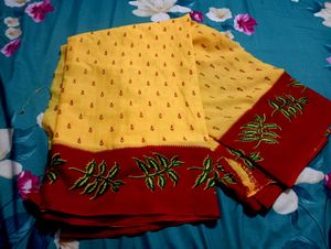 Yellow And Red Border Daily Wear Saree