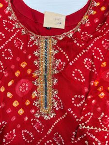 Bandhej Red Embroidered Kurta Set