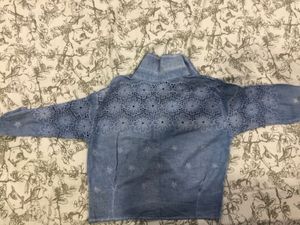 Crop Blue Floral Embroidered Shirt Off Shoulder