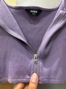Purple Ribbed Zip-Up Crop Top