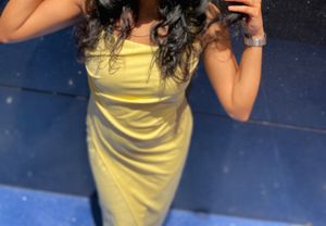 Chic Yellow Midi Dress with Slit.