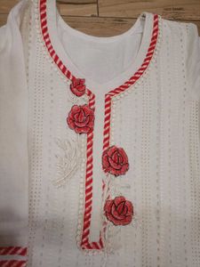 White&amp;Red Embroidered Kurti Set.