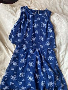 Navy Blue Flower Printed Mini Flare Dress