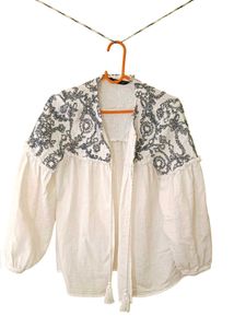 Zara Embroidered Cotton Blue White Kimono Jacket